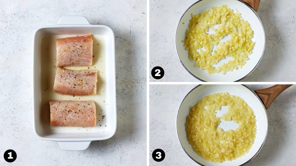 Collage picture of White casserole dish with fish fillets and white saute pan with onions. 