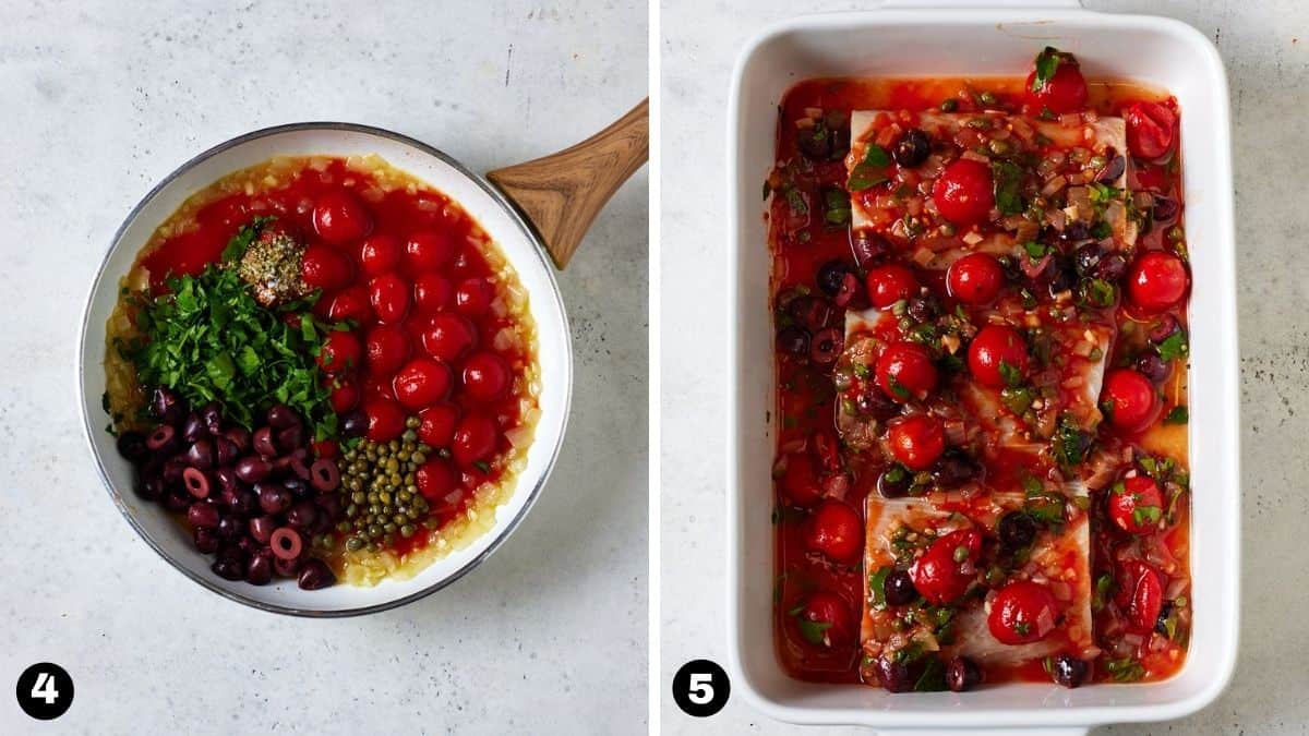 White pan with tomato sauce and white casserole dish with fish fillets and tomato sauce. 