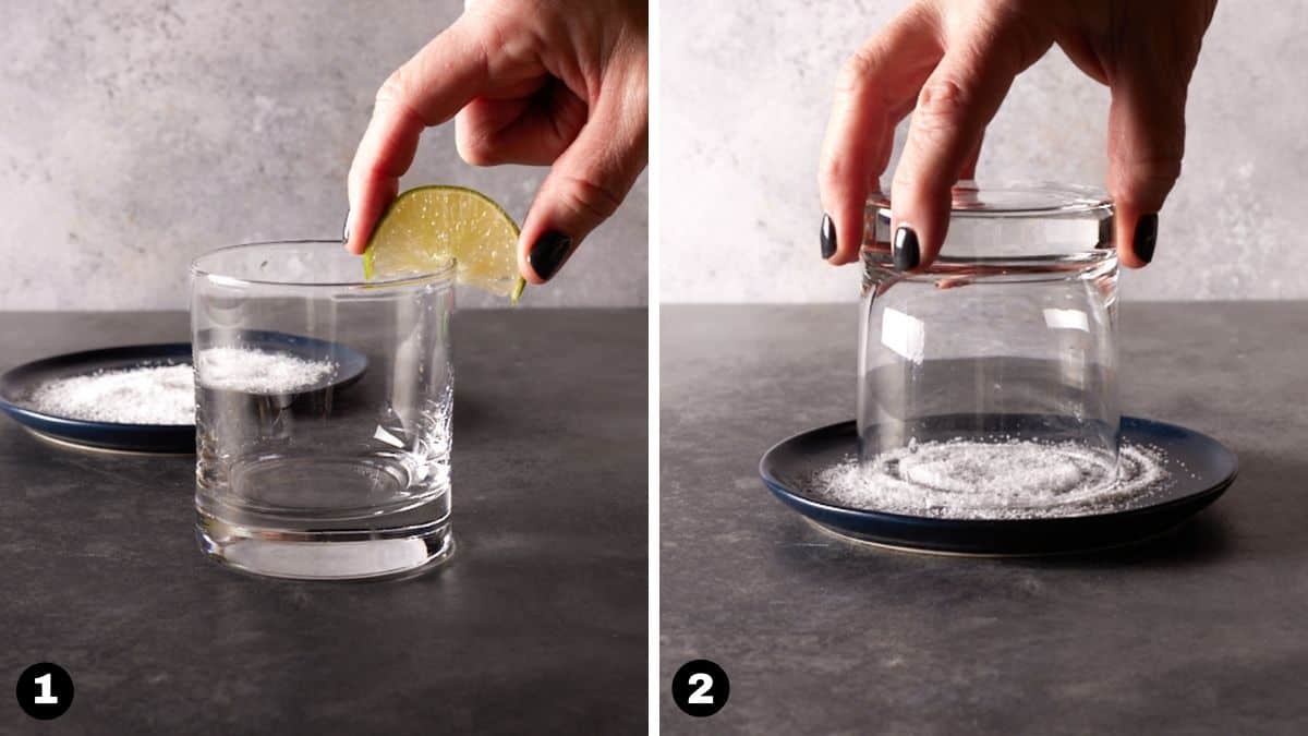 Rimming a glass with a lime wedge and twisting it in salt.
