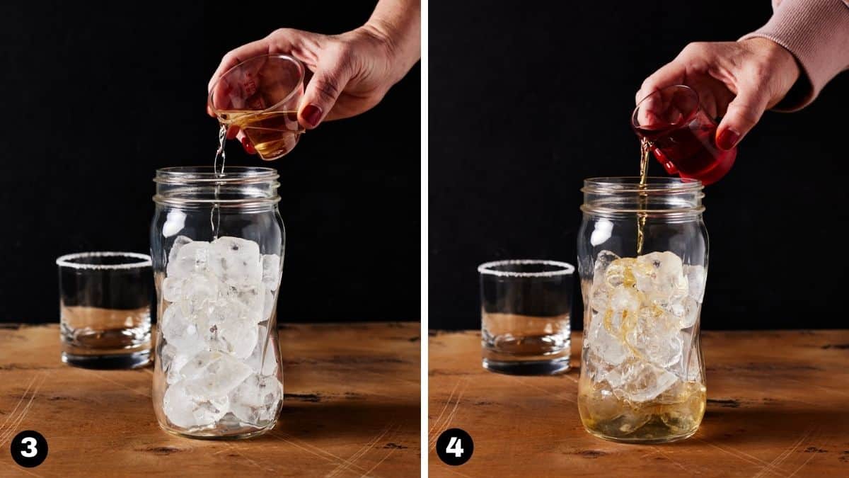 Shaker filled with ice with tequila and grand marnier being poured in.