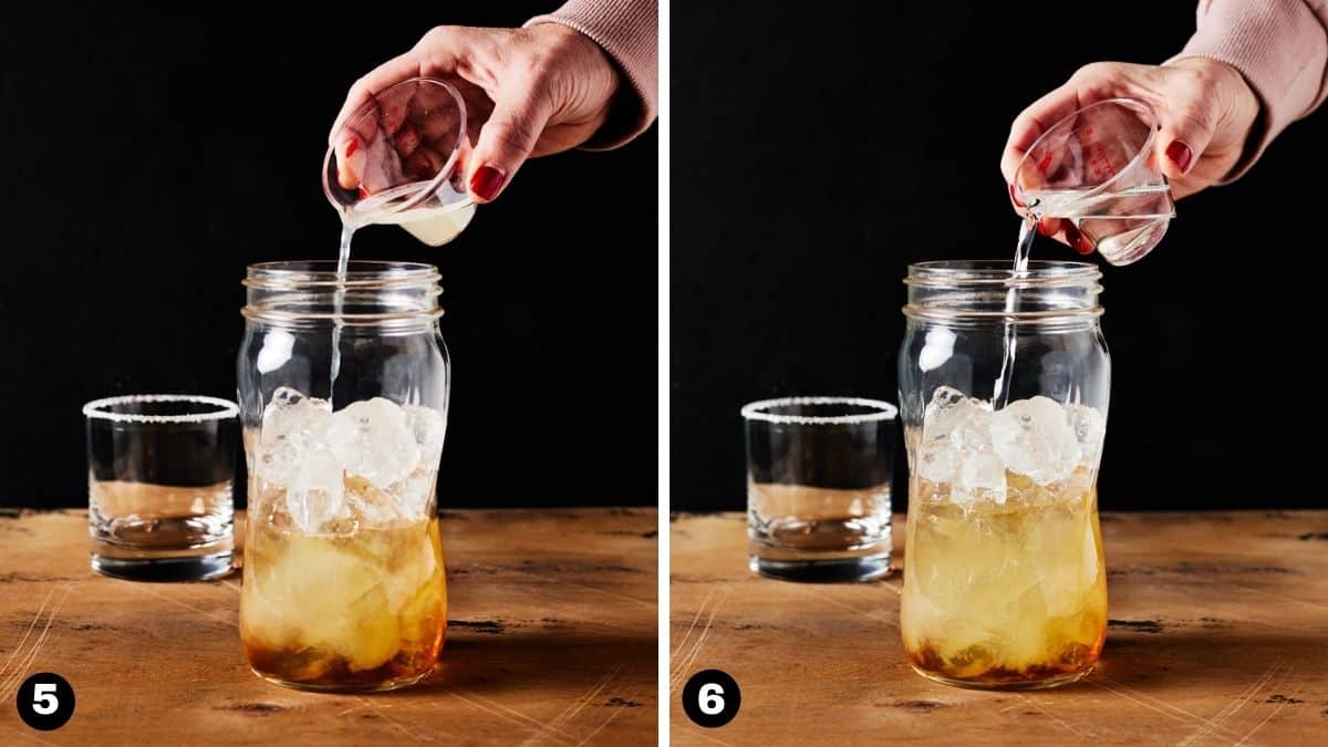 Fresh lime juice and simple syrup being poured into a shaker.