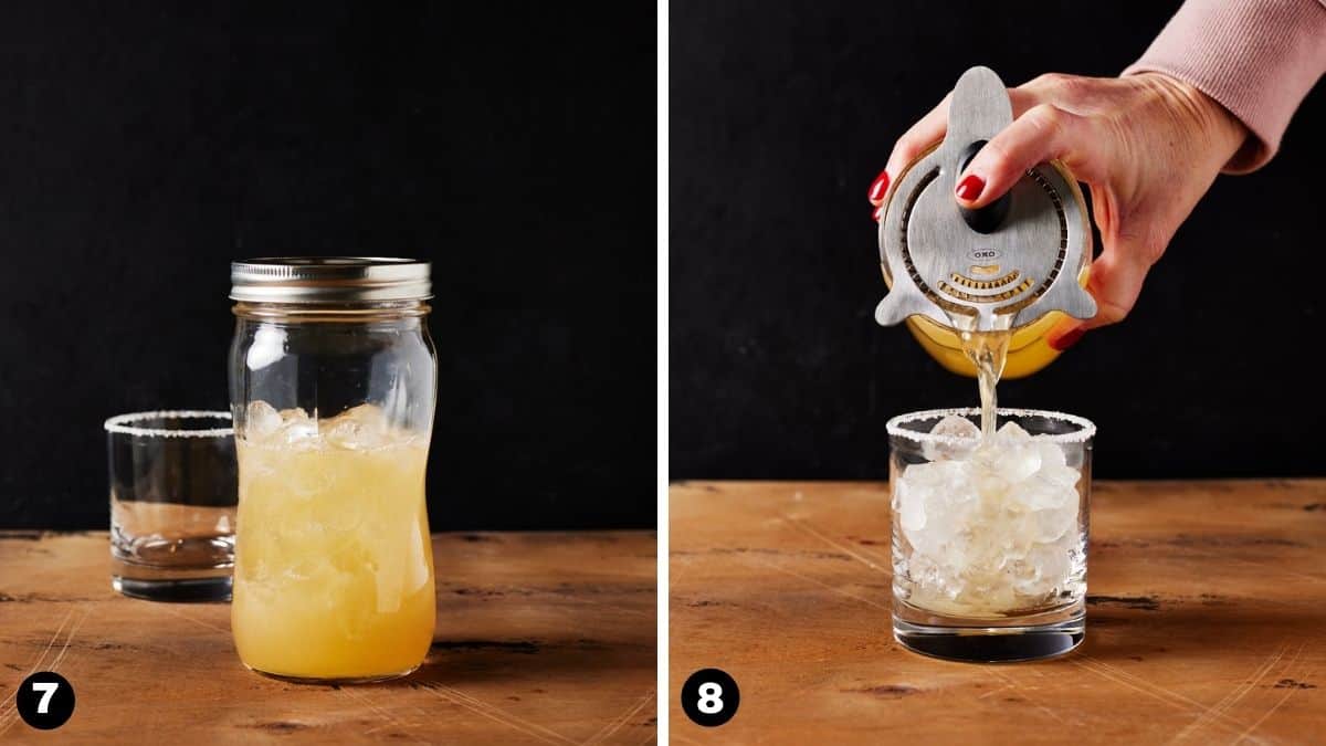 Covered shaker filled with margarita and shaker pouring drink into glass.