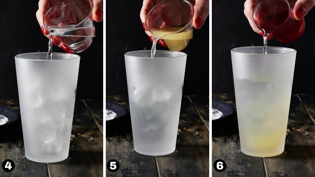 Vodka, lemon juice and triple sec being poured in a shaker filled with ice.