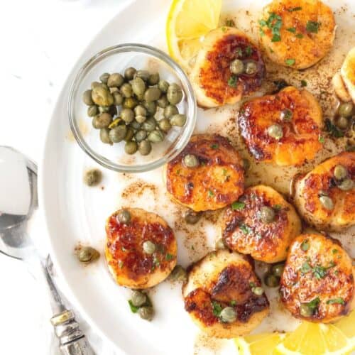 White plate with seared scallops, capers and lemon slices.