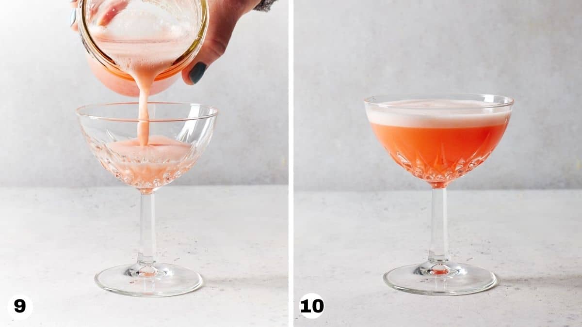 Hand straining Aperol sour into coupe glass.