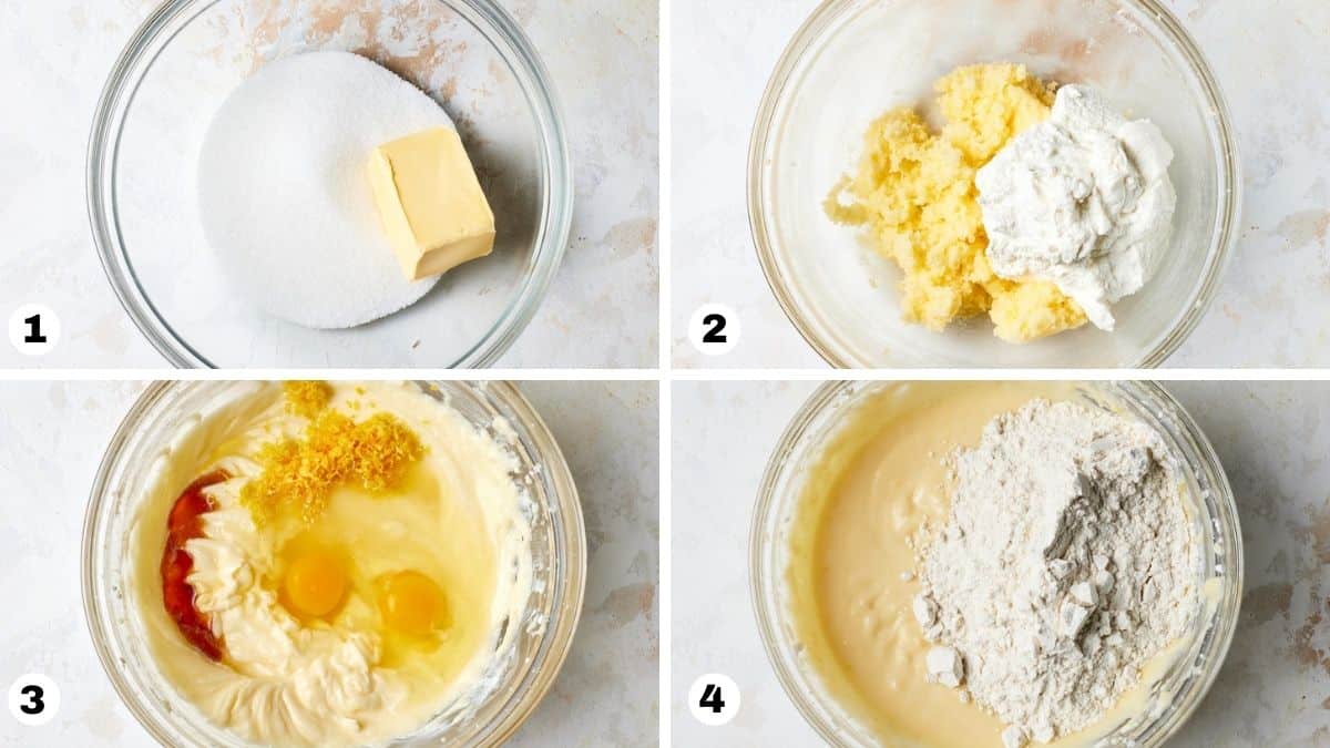 Glass bowls filled with various stages of ricotta cake batter. 