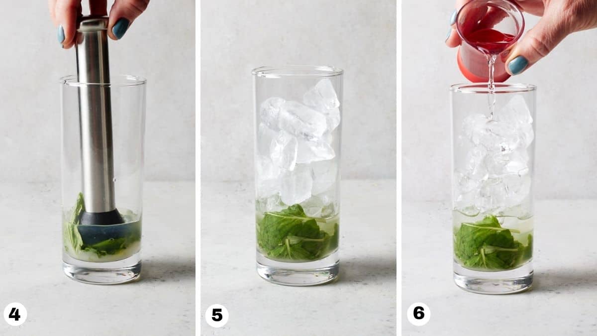 Muddling of mint in highball glass.