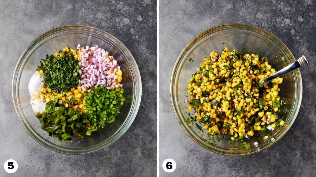 Glass bowl filled with ingredients for roasted chili corn salsa. 