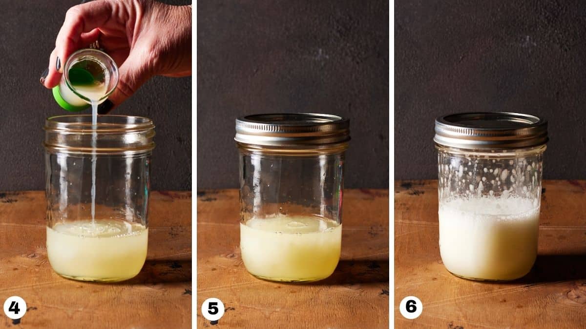 Adding egg white and mason jar with shaken vodka sour.