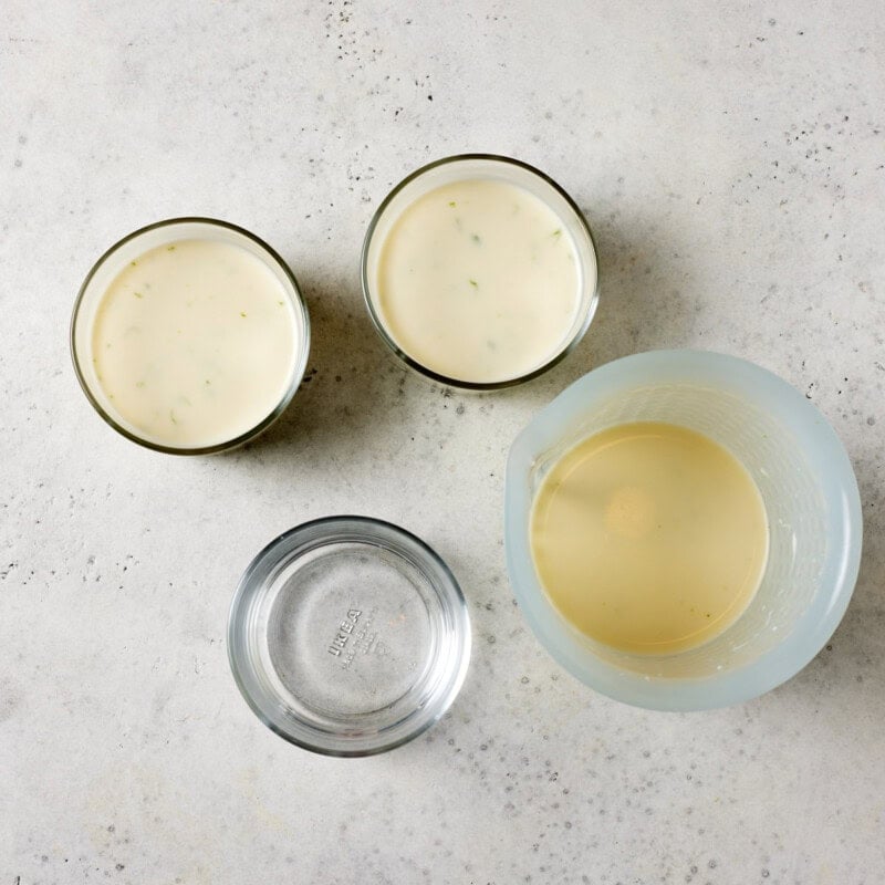 Panna cotta poured into ramekins. 