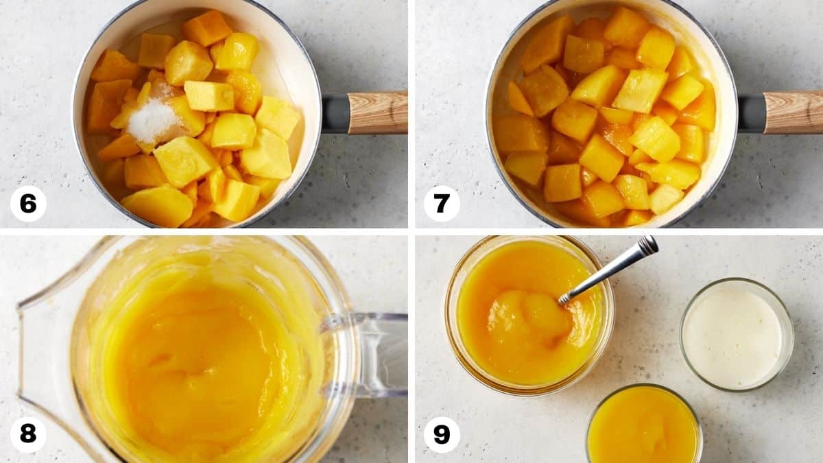 Mangos cooked in a white saucepan then pureed in blender and added to panna cotta. 