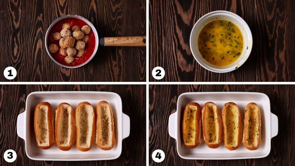 A pan of meatballs with sauce, a bowl of garlic butter and hoagie buns brushed with garlic butter. 