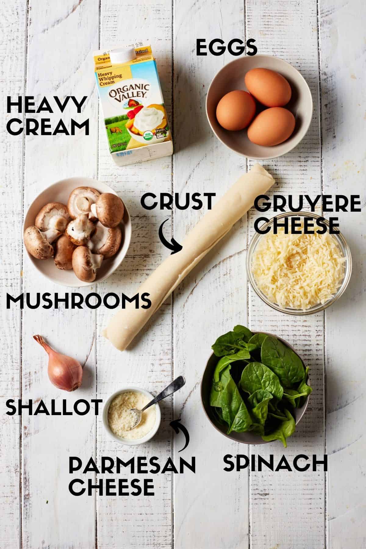 Ingredients needed for spinach quiche.