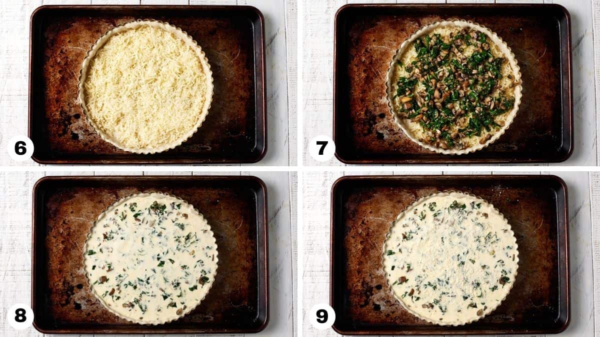 Spinach quiche assembly with cheese, mushrooms, spinach and egg mixture.