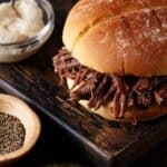 Pulled Beef with horseradish sauce on a bun.