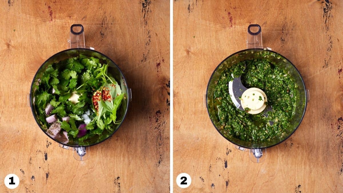 Herbs in the bowl of a food processor and herbs blended in food processor to make chimichurri.