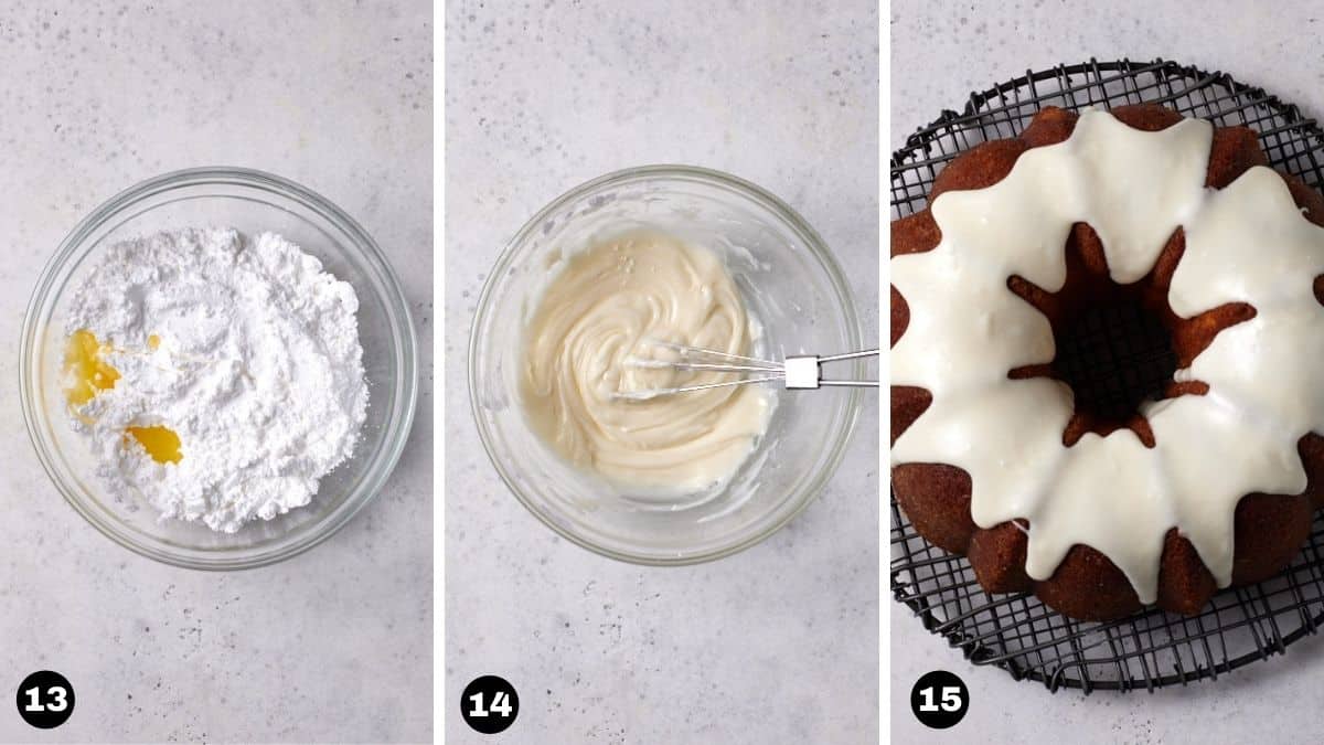 Powdered sugar icing in glass bowl and drizzled over bundt cake. 