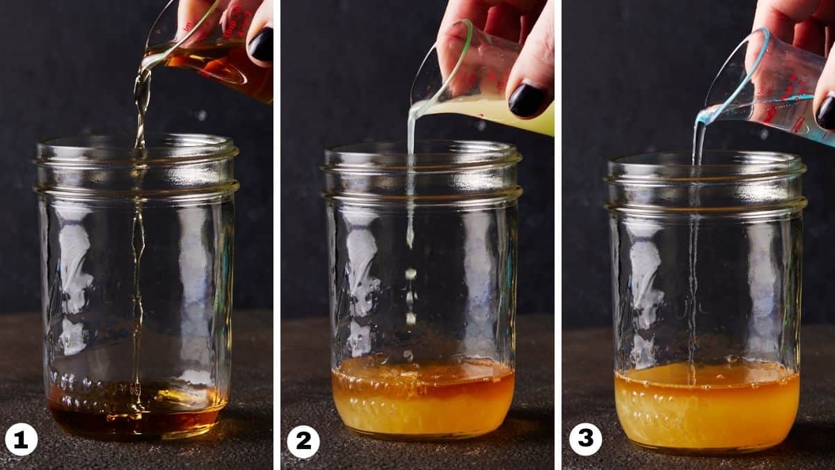 Hand pouring rum, lemon juice and simple syrup into mason jar.