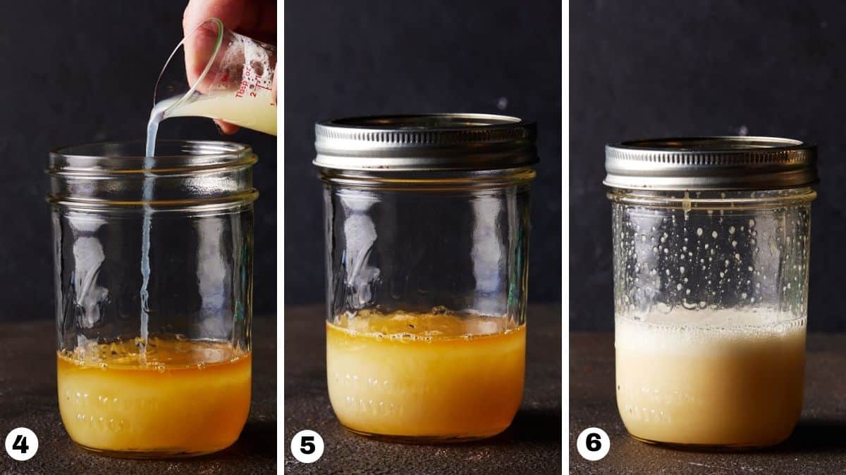 Hand adding egg white to filled mason jar and shaking contents.