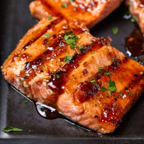 Grilled Sockeye Salmon recipe with Maple Ginger glaze - Garnish with Lemon