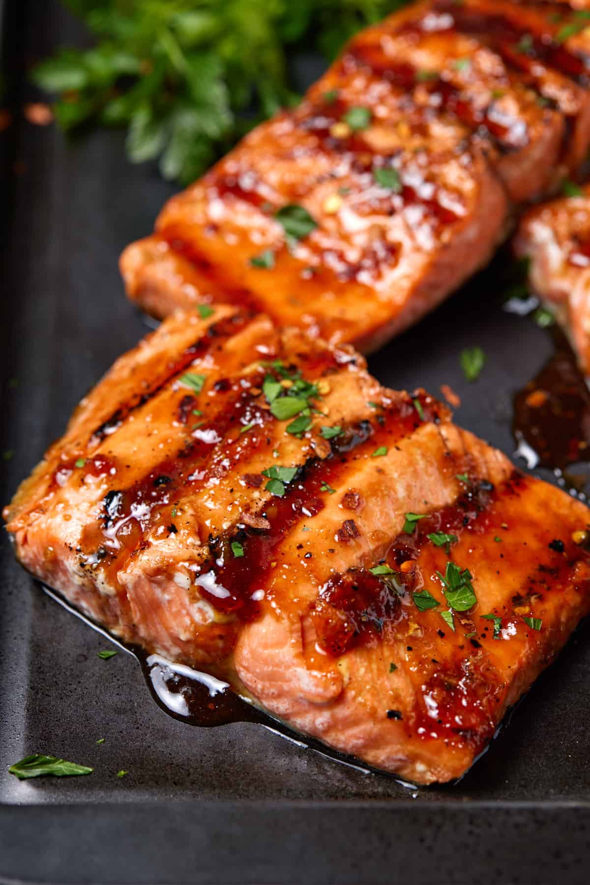 Grilled sockeye salmon fillet with maple ginger glaze. 