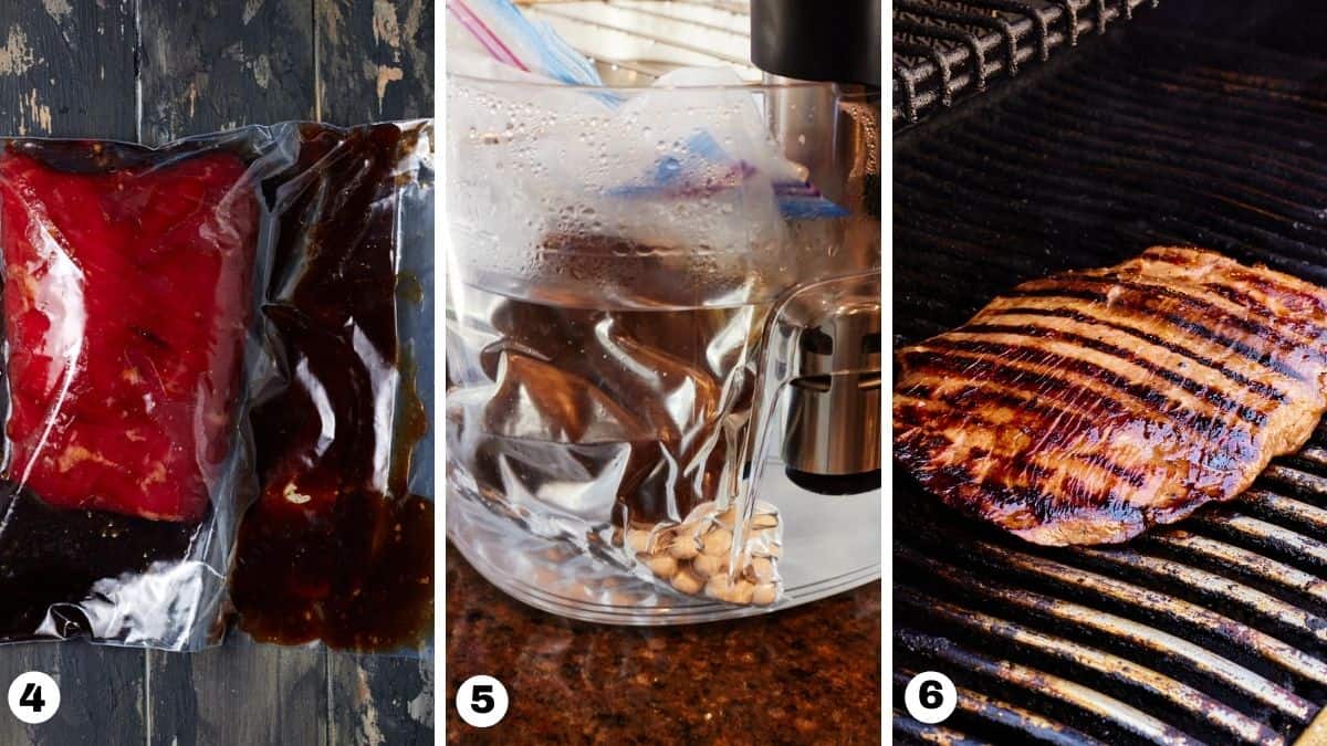 Flank steak in plastic bag, placed in sous vide and finished on grill.