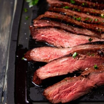 sliced steak on tray.