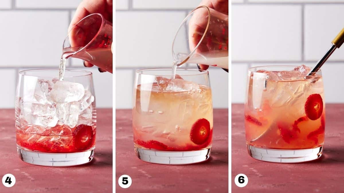 Three lowball glasses with vodka and lemonade poured into them.