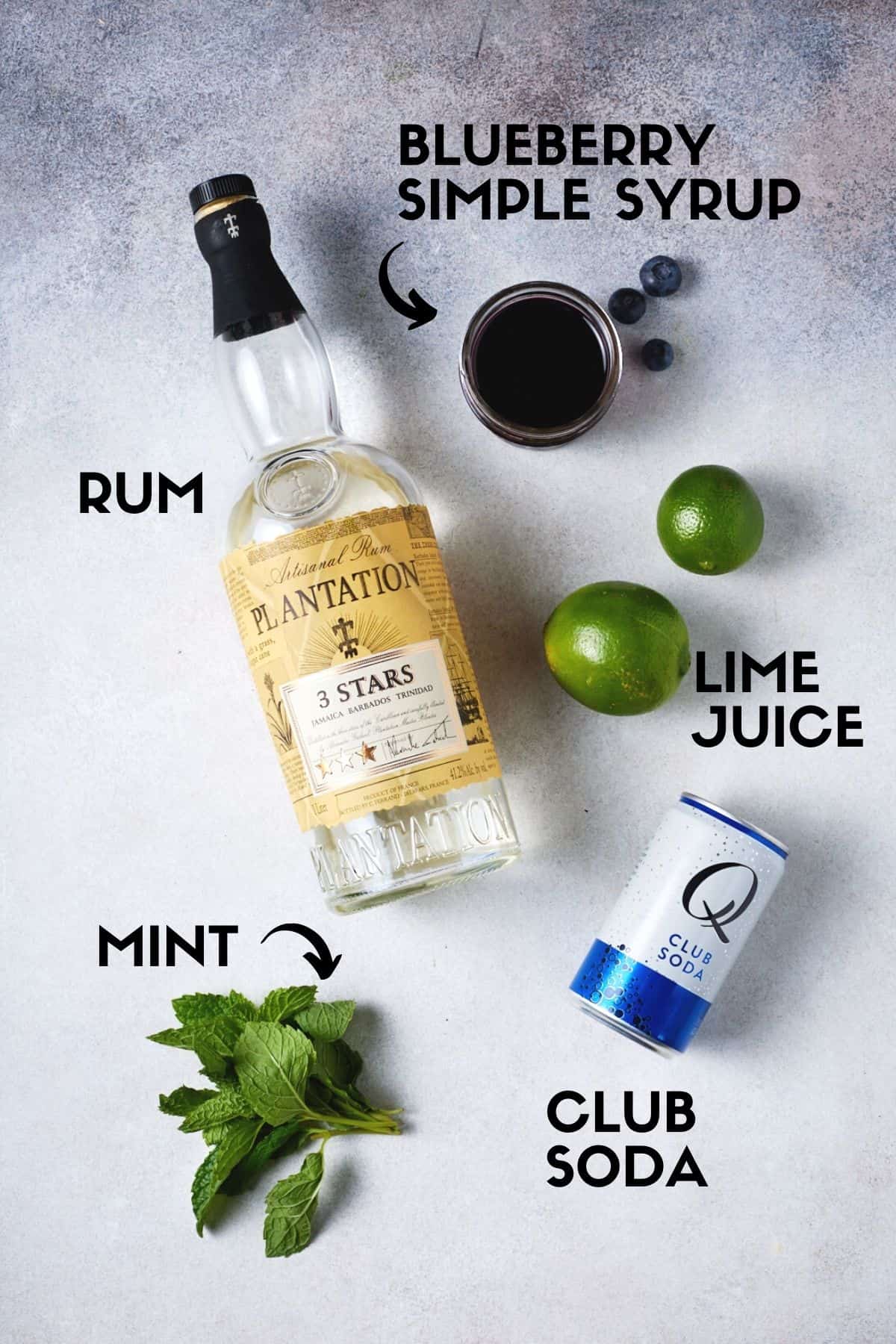 Ingredients needed for blueberry mojitos.