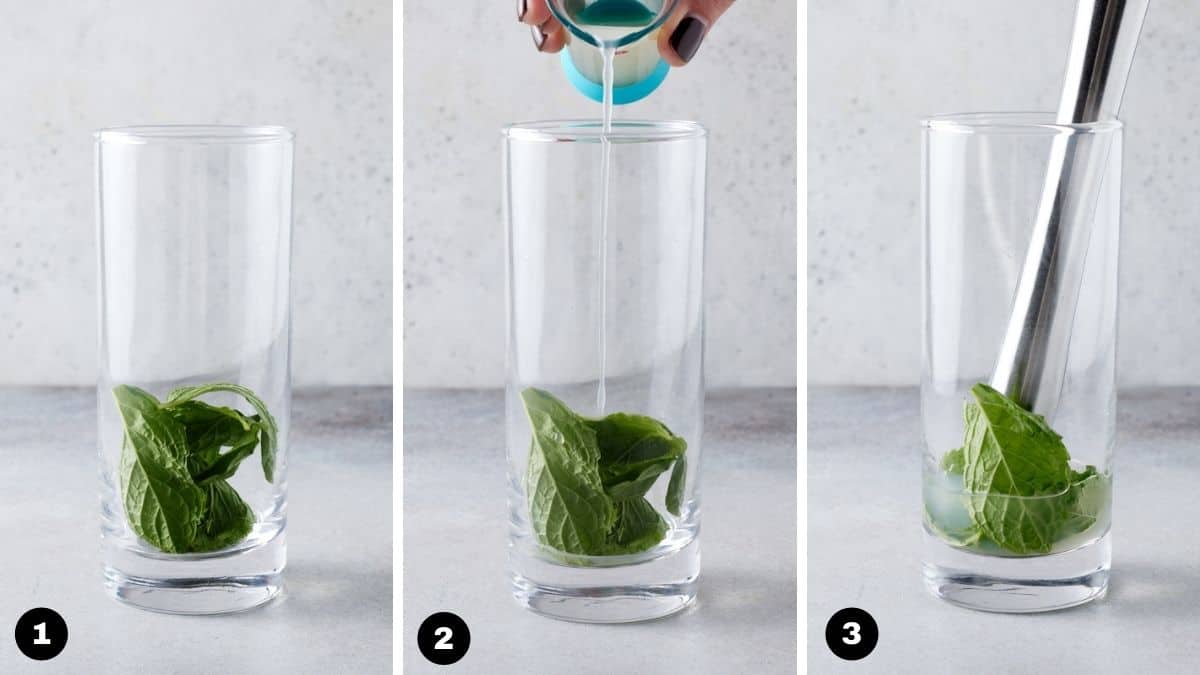 Muddling of mint and lime juice in mojito glass.