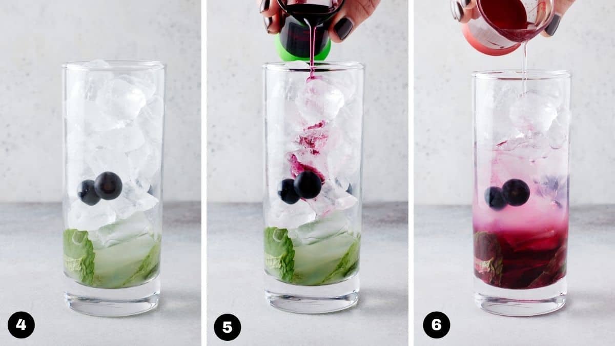 Adding ice, blueberry simple syrup and rum to glass.