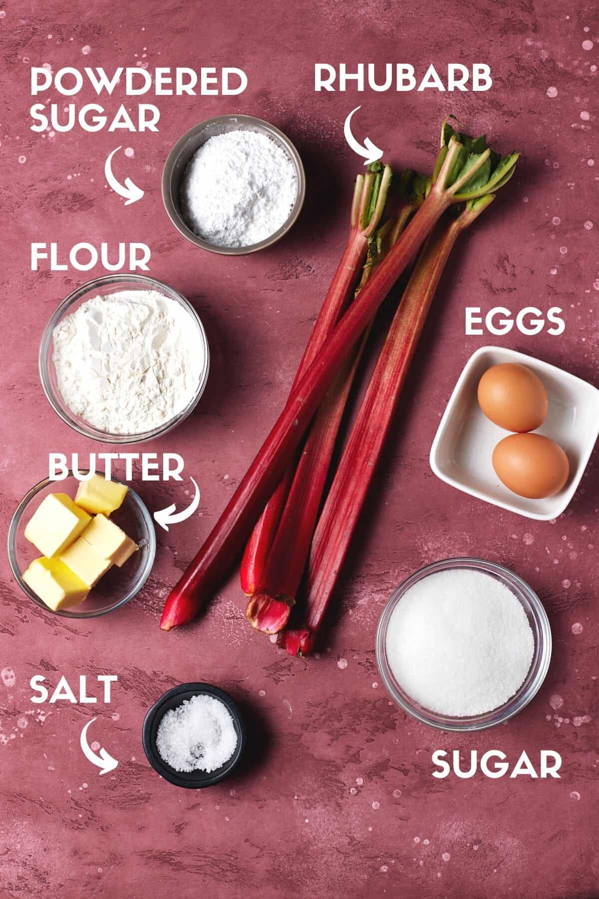 Ingredients needed to make rhubarb bars.