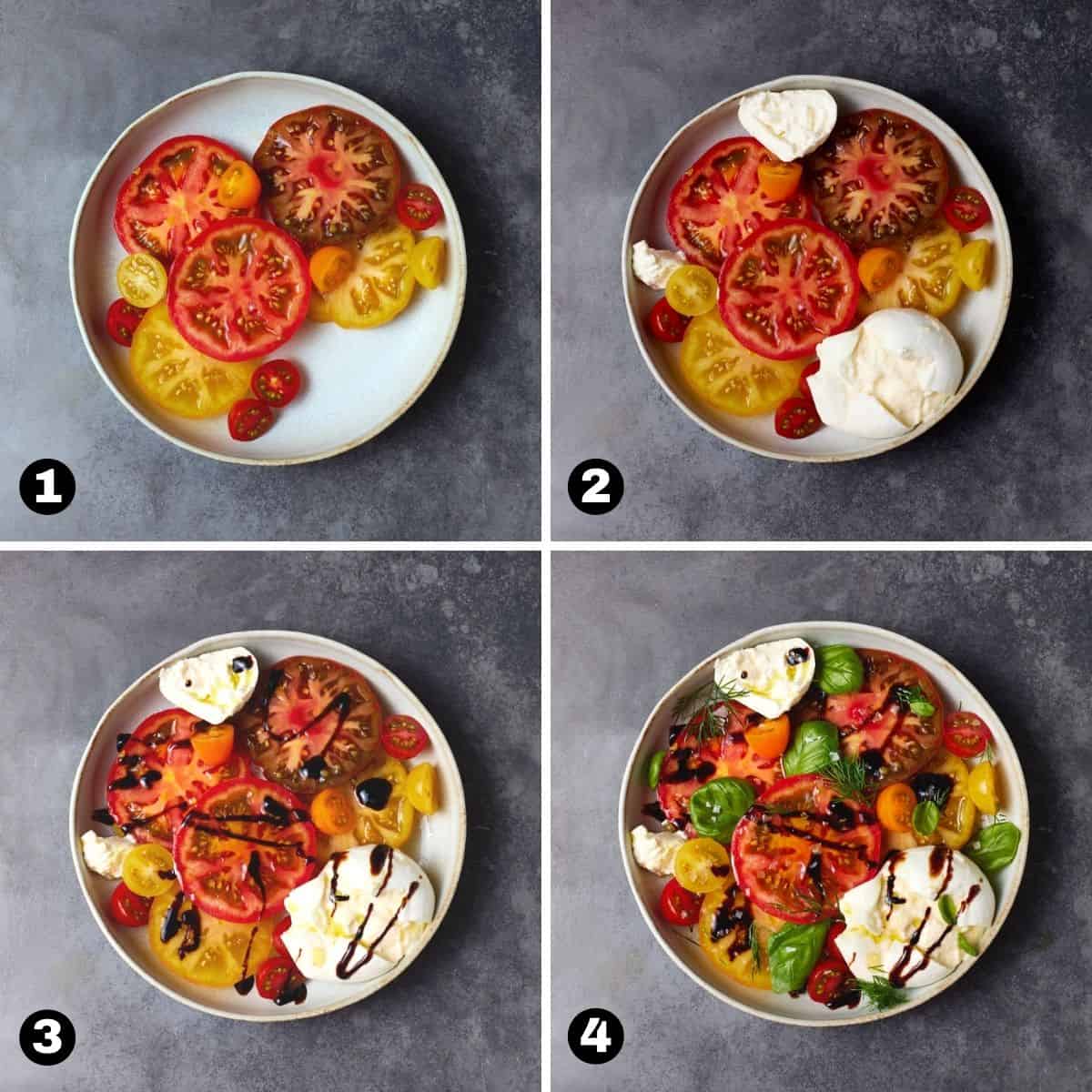 Layering tomatoes, burrata cheese, fresh herbs, olive oil and balsamic vinegar in a bowl for burrata caprese. 