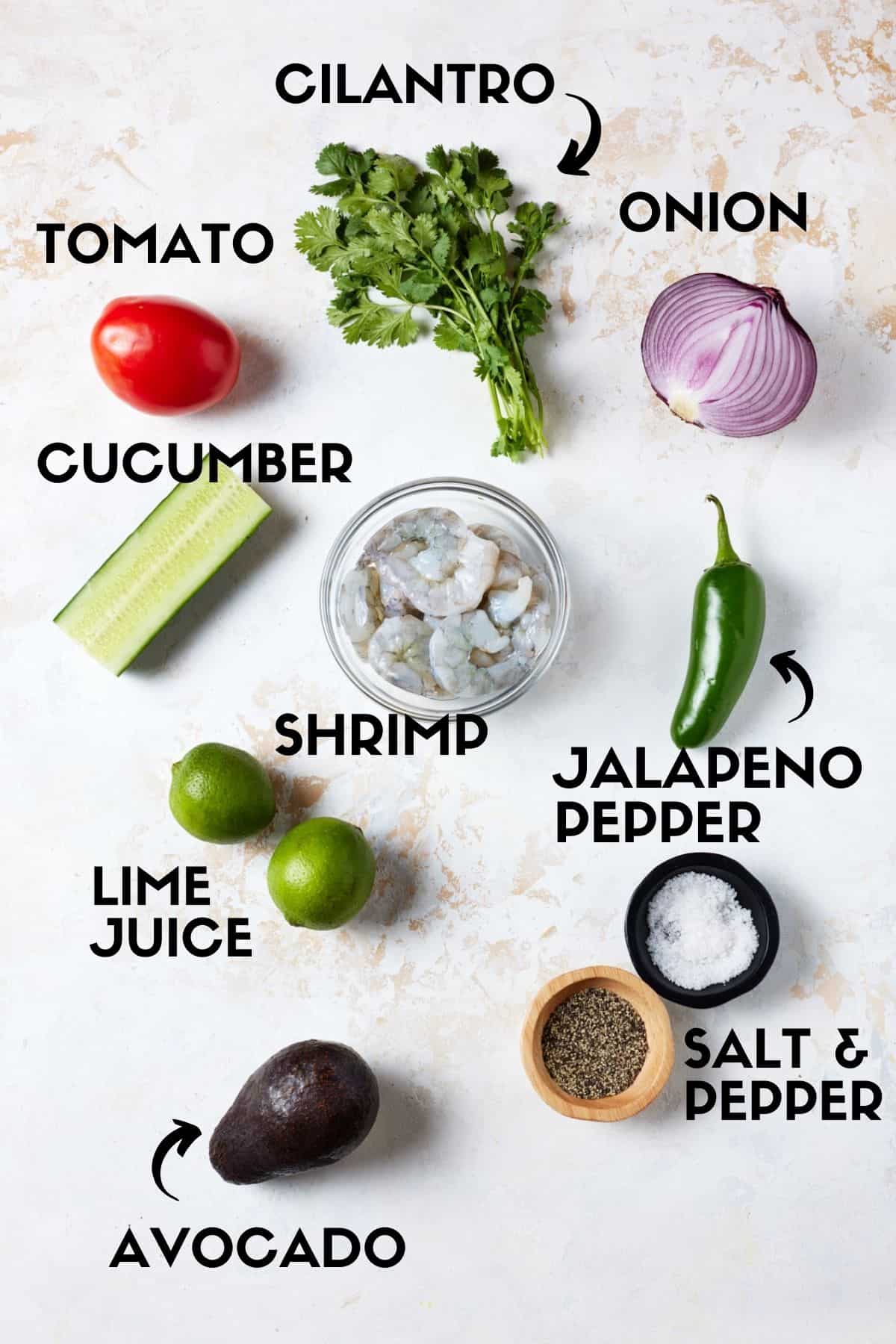 Ingredients for ceviche de camaron including shrimp, tomato, cucumber and cilantro. 