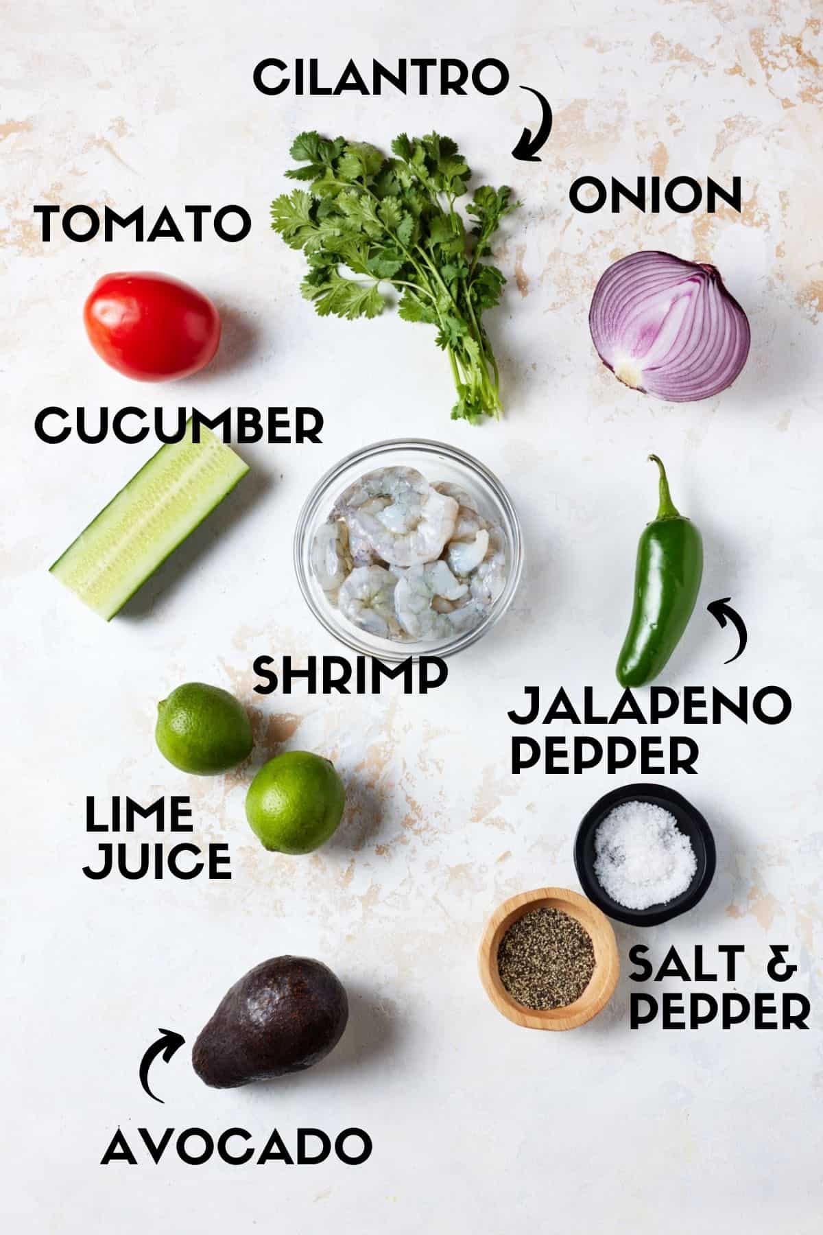 Ingredients for ceviche de camaron including shrimp, tomato, cucumber and cilantro. 