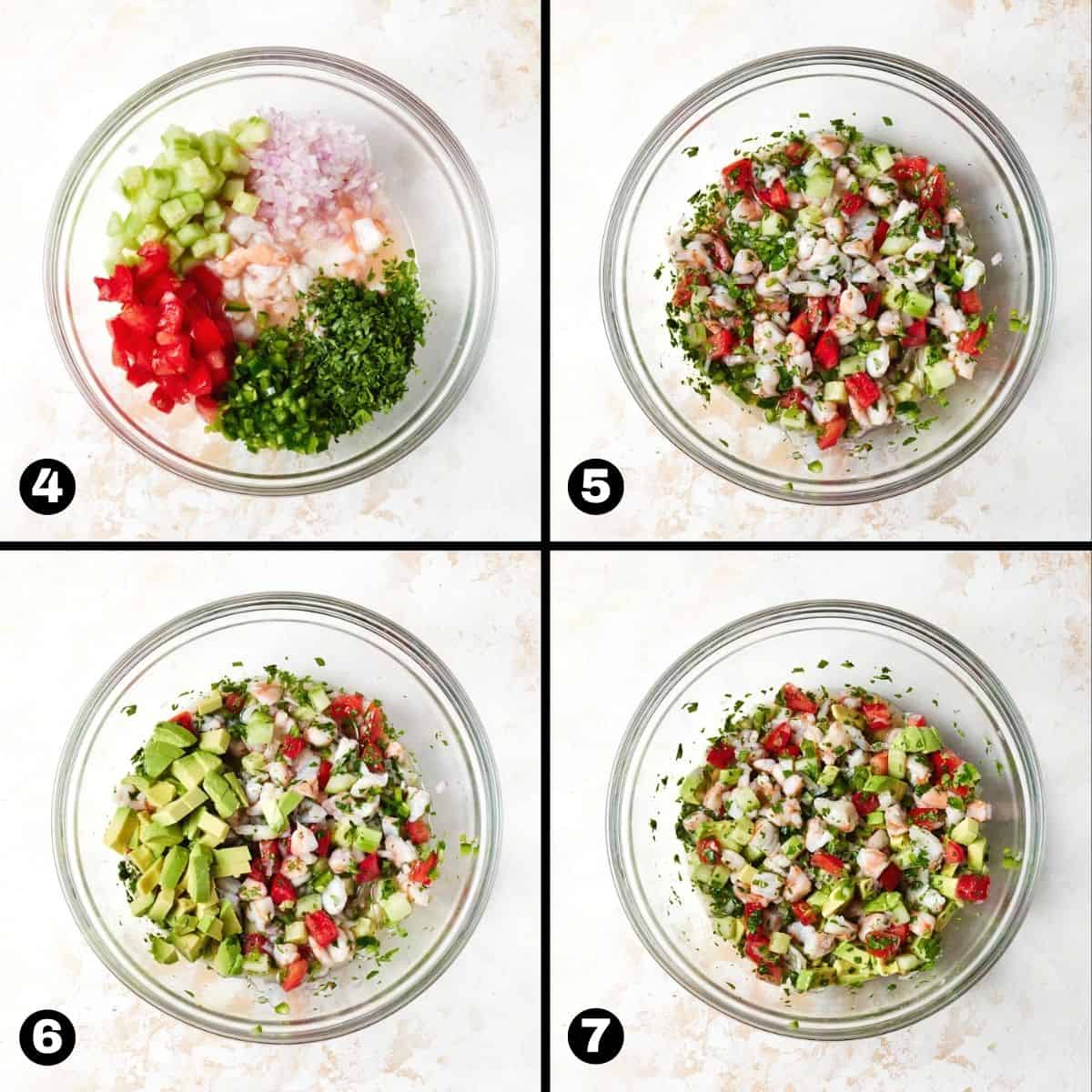 Glass bowls filled with ceviche de camaron ingredients. 