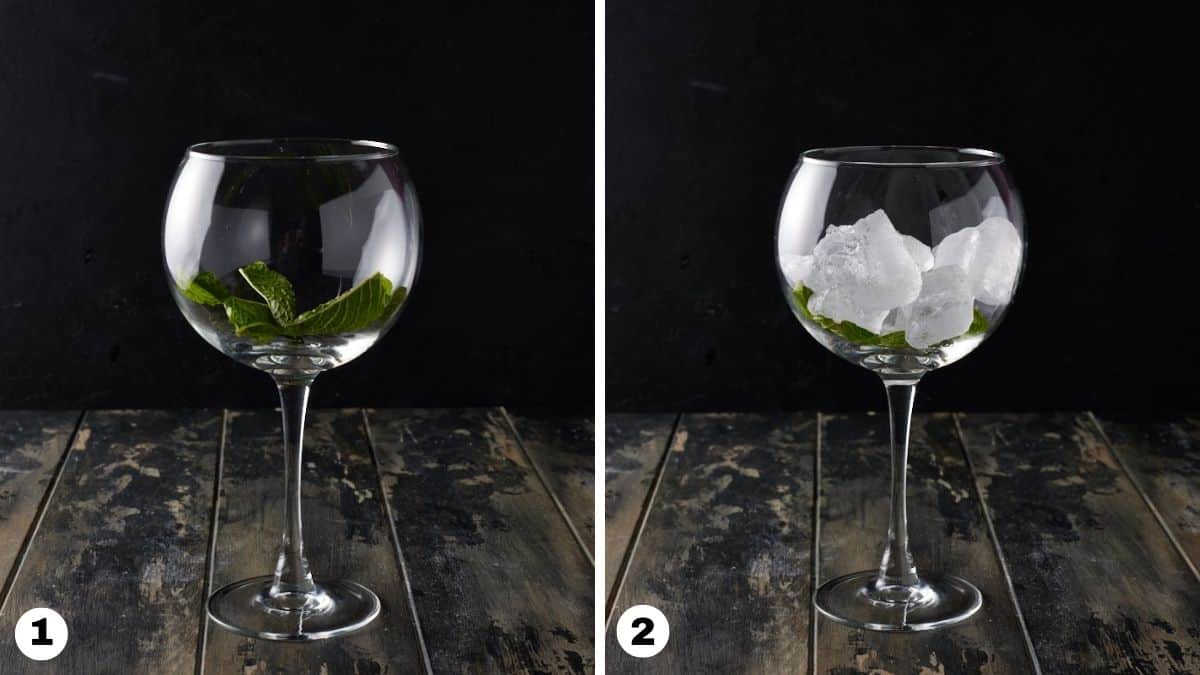 Goblet wine glasses filled with mint leaves and ice. 