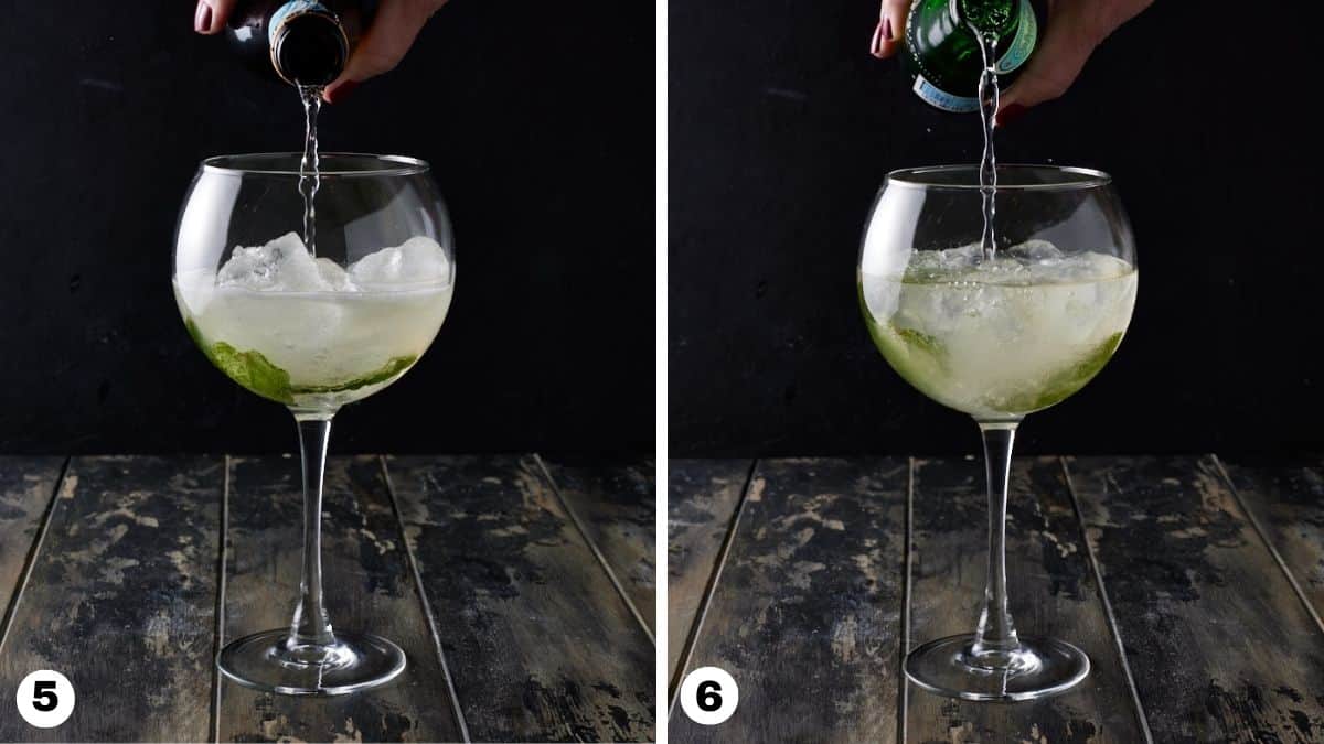 Hand pouring prosecco and sparkling water into goblet shaped wine glasses. 