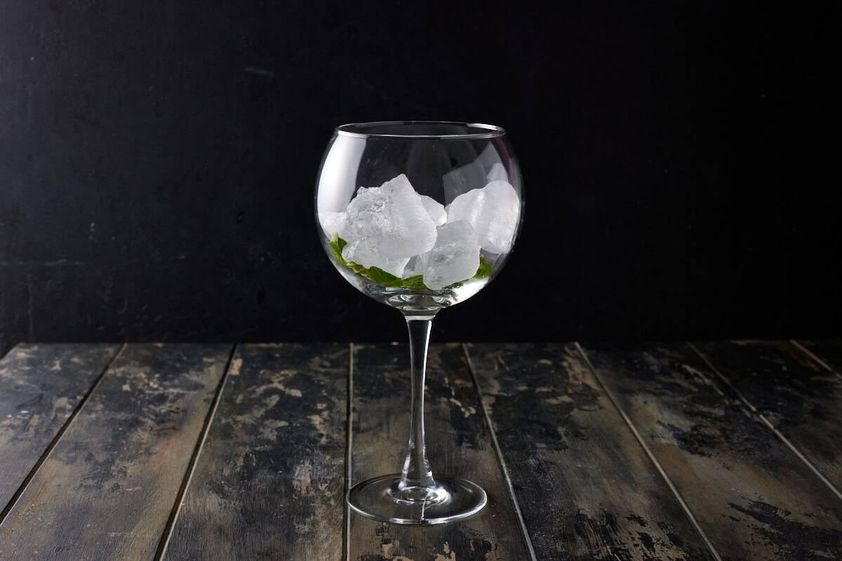 Ice & mint leaves in a goblet wine glass. 