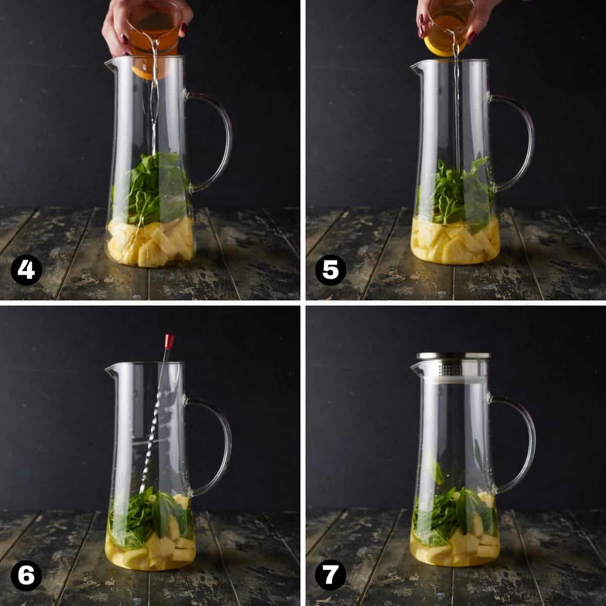Hand pouring rum and simple syrup into glass pitcher filled with pineapple, lime slices and basil. 