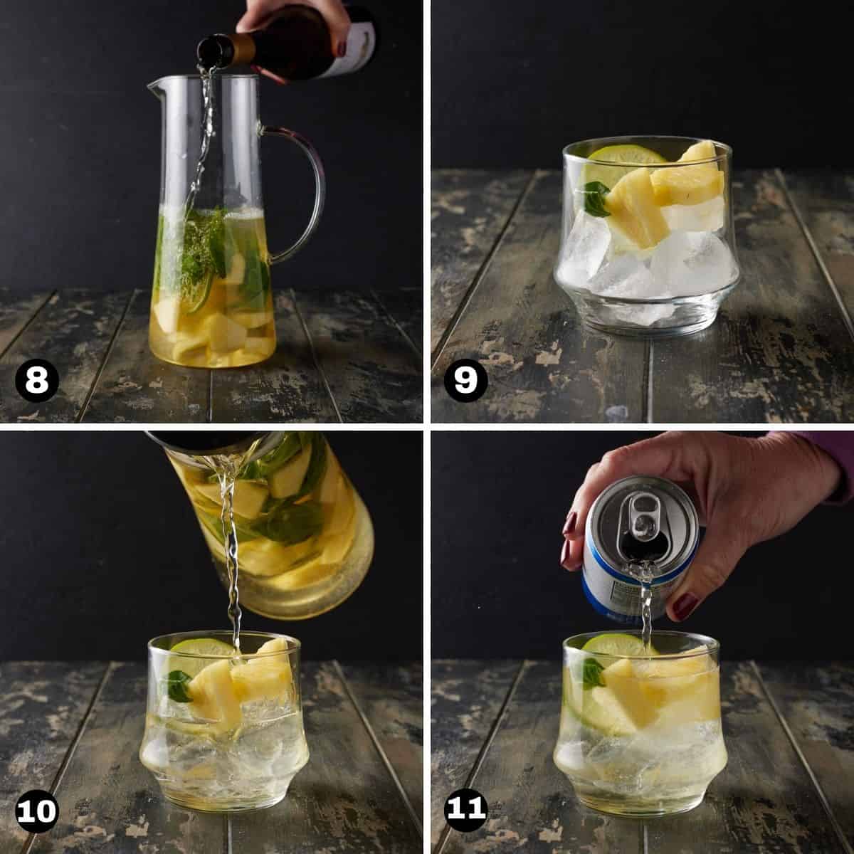 Pineapple white wine sangria poured into a glass and topped with club soda. 
