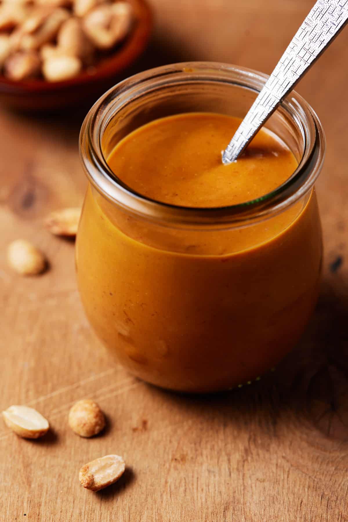 Peanut sauce in a jar.