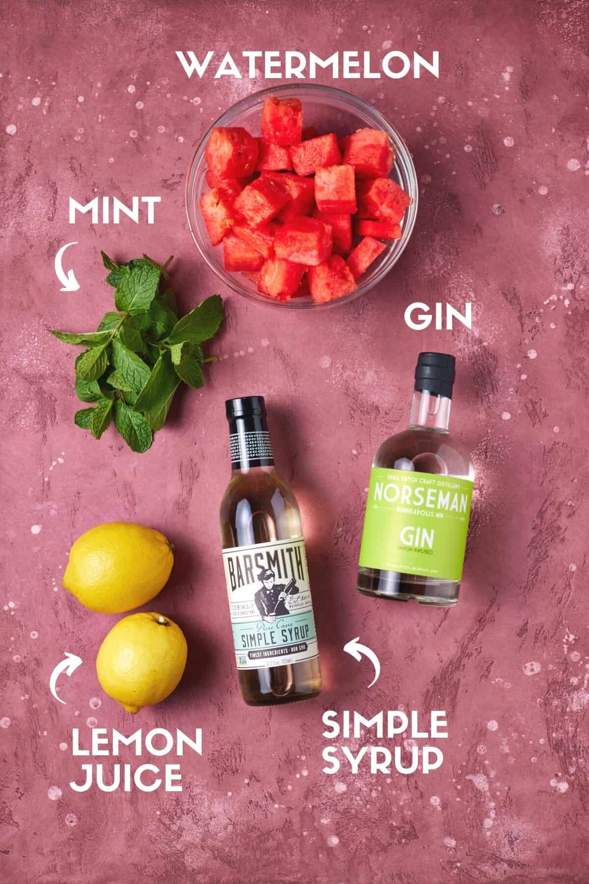 Lemons, simple syrup, mint, gin and fresh watermelon to make gin punch.