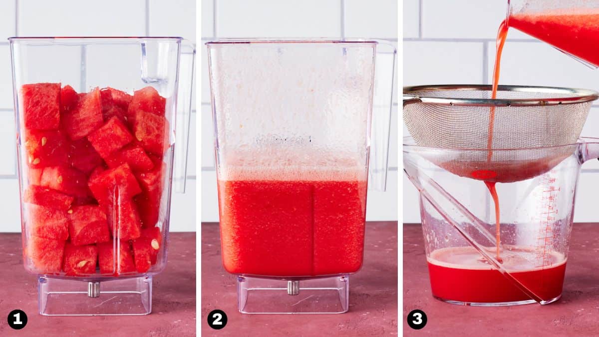 Blender with watermelon cubes, juice and juice being strained.