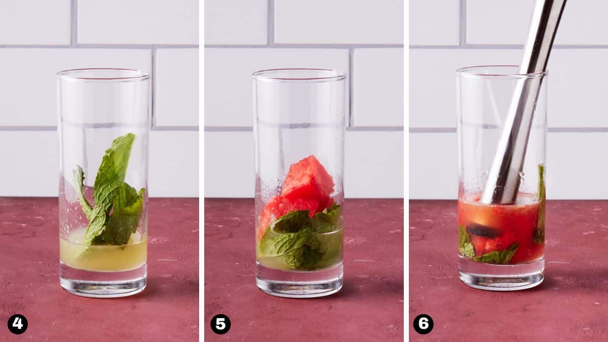 Highball glass with lime juice, mint and watermelon cubes. 