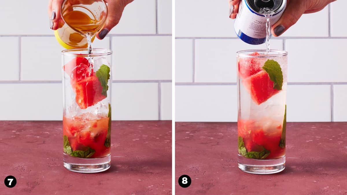Hand pouring rum and club soda into highball glass filled with ice, watermelon and mint leaves. 