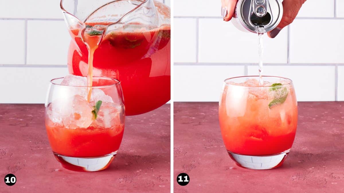 Watermelon punch being poured in glass and topped with club soda.