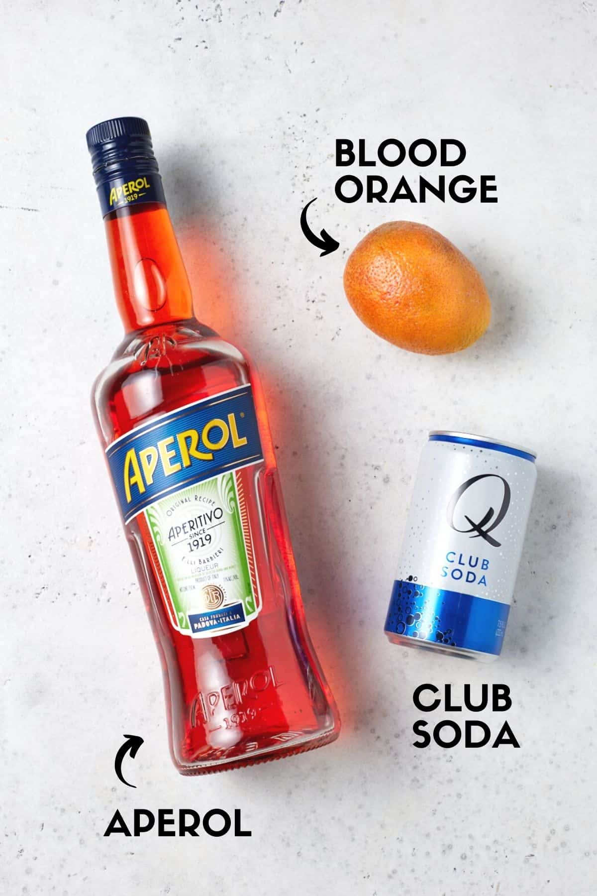 Ingredients needed for aperol soda cocktails.