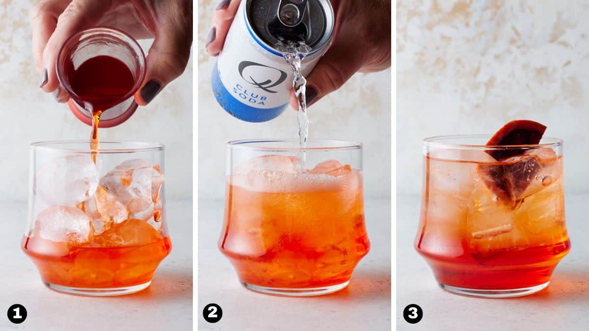 Steps 1-3 of making an Aperol Soda.