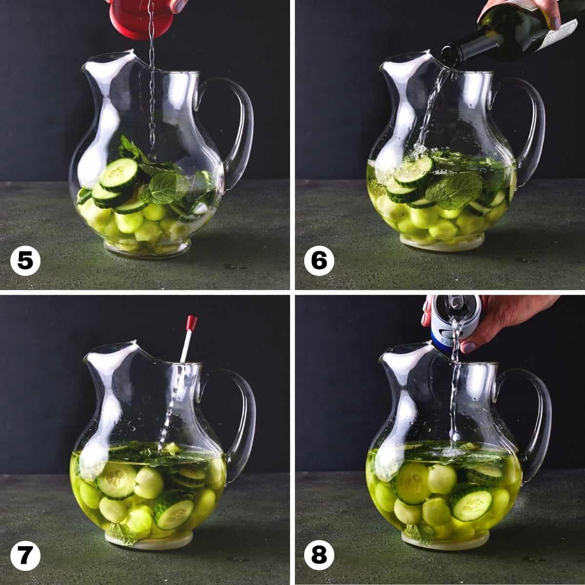 Hand pouring gin, wine and club soda into a glass pitcher of spa water sangria. 